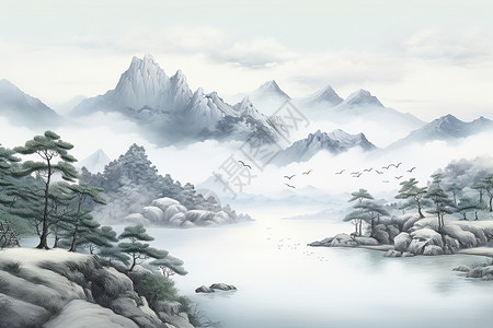 山水雪白世界的美景背景图片