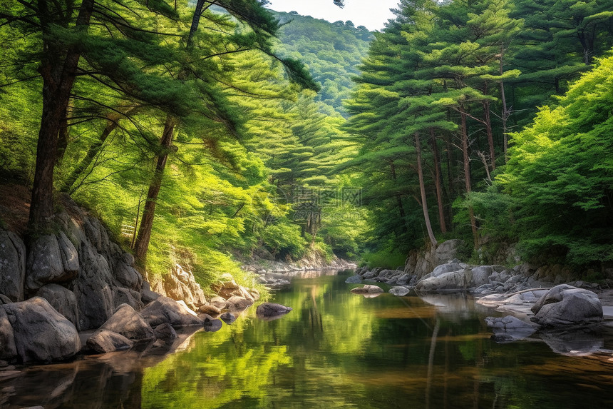 森林中的溪流和树木图片