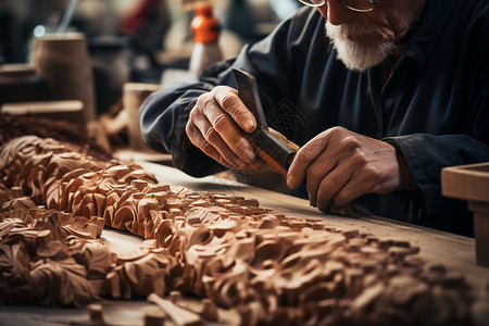 手艺人仔细雕刻木制品图片