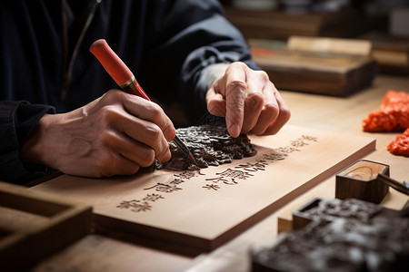 大师用刀子和笔在木头上雕刻眼镜高清图片素材