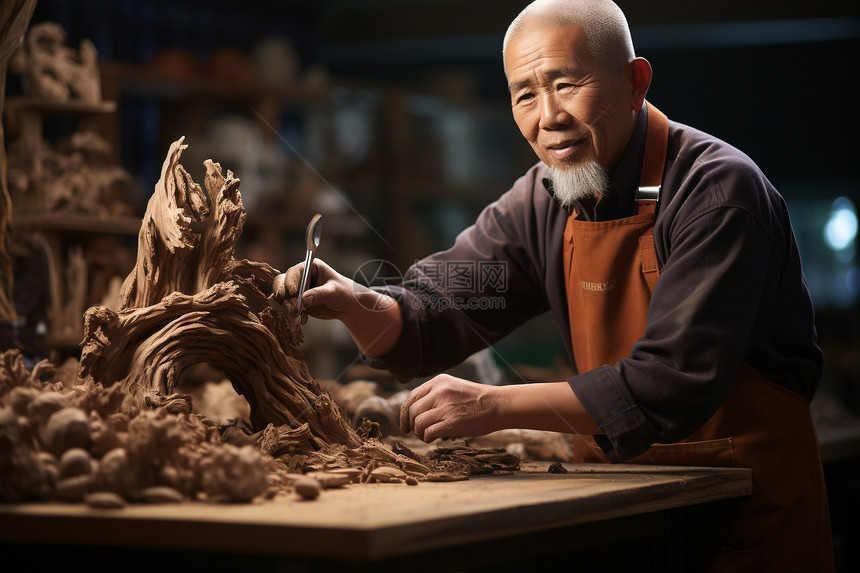 男人手持剪刀在木质树雕上雕刻图片
