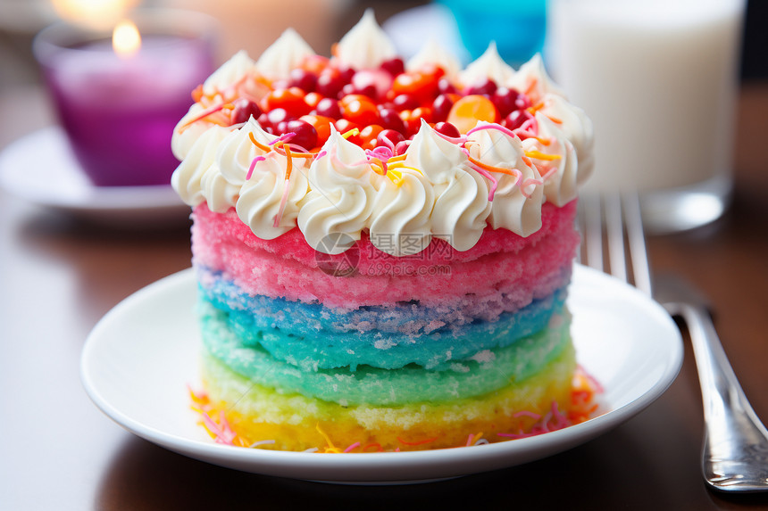 蛋糕上面有很多彩虹豆图片