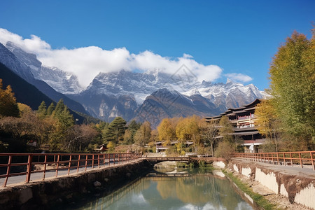 丛林掩映的山间河流旁边的桥梁图片