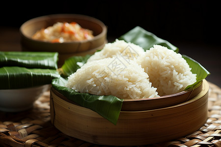 饭盒素材健康的白米饭在竹篮中。背景