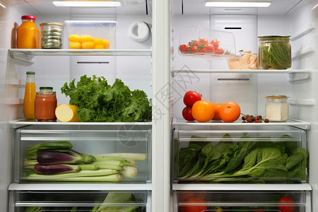 冰箱里的蔬菜与水果背景图片