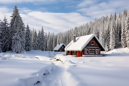 雪中的树林雪压房屋高清图片