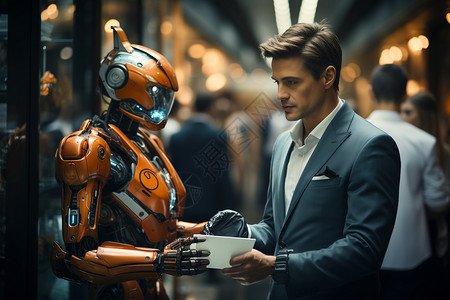 男人和机器人互动图片