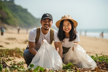 妇女清理沙滩垃圾图片