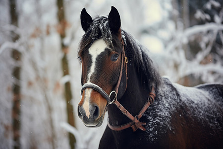 冬日雪地森林中的马图片