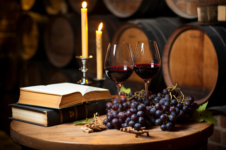 酒窖里的书籍和葡萄高清图片