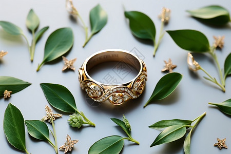 叶子珠宝素材绿叶中的戒指背景