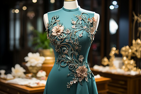 蓝色花纹刺绣旗袍图片