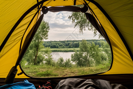 河边的帐篷休息背景图片