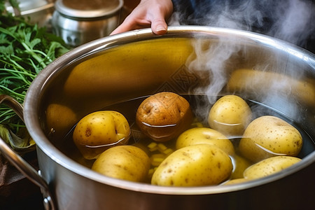水膀胱锅锅中未削皮的土豆背景