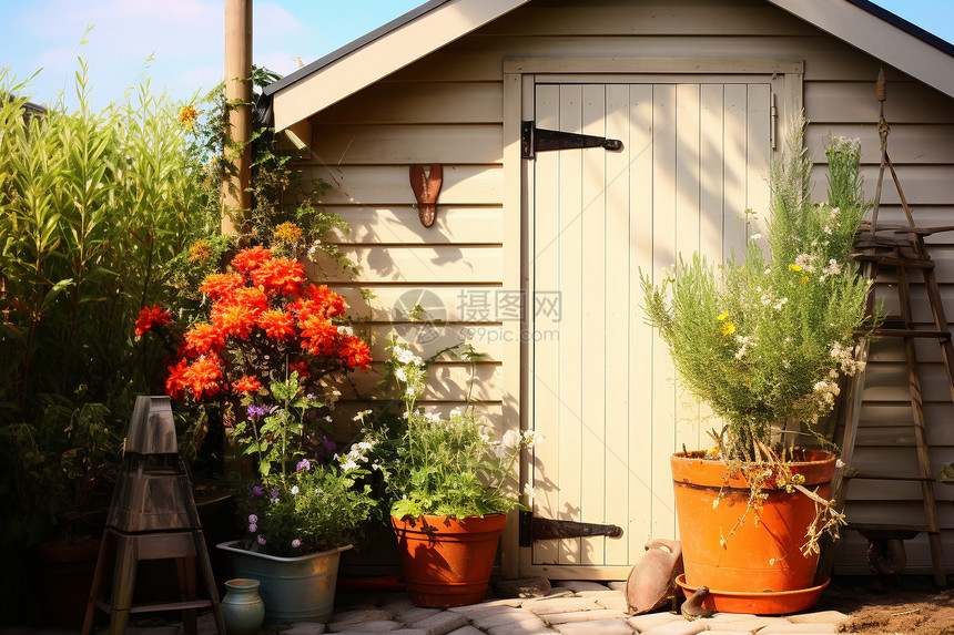 阳光下生机勃勃的木质小屋图片