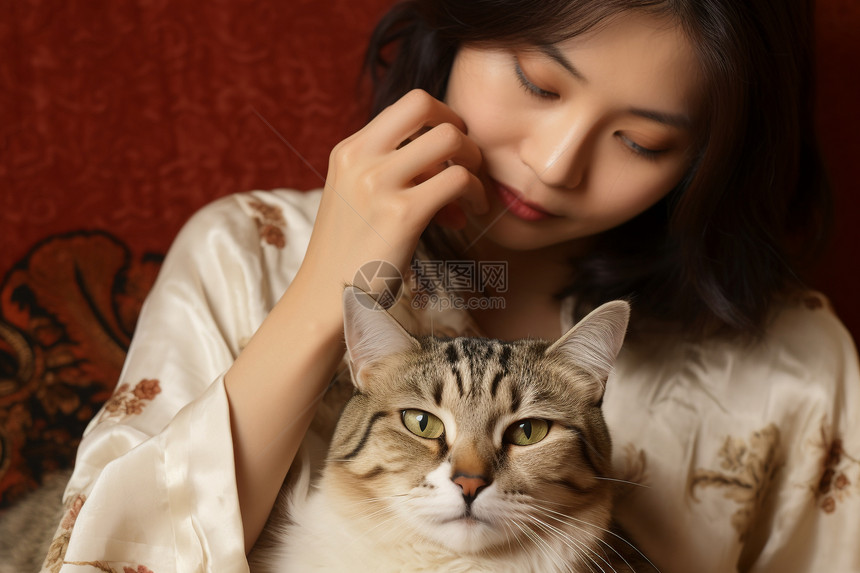 轻松自在的女人和猫咪图片