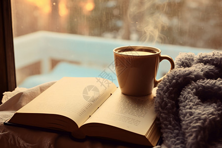 温馨冬日的书本和咖啡图片