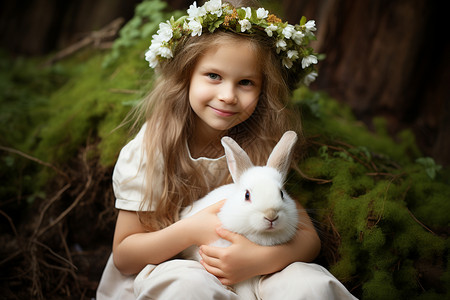 快乐的女孩与兔子图片