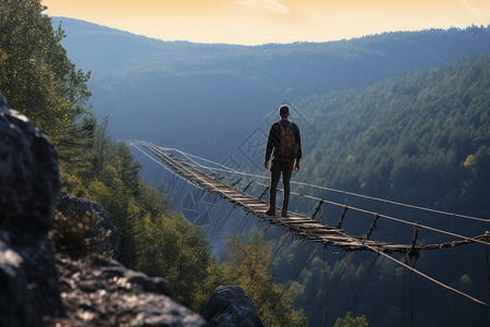 高山中间吊桥上的男人图片