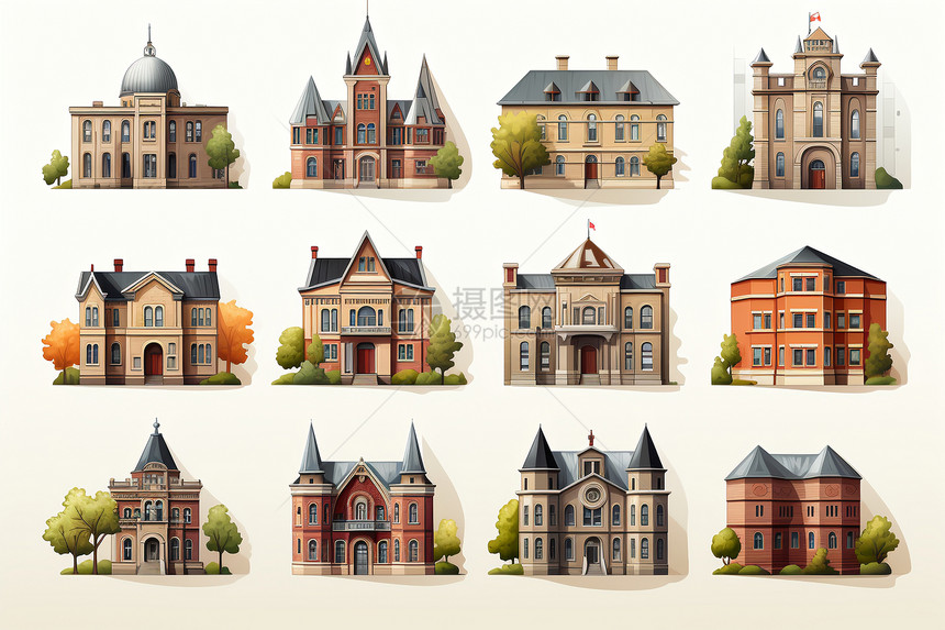 卡通风格的欧式校园房屋建筑图片
