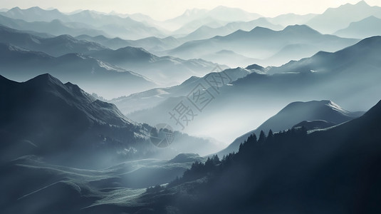 神秘谷雾气缭绕的幽静山脉插画