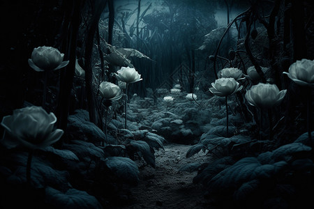 幽暗森林暗黑花园中的美丽花朵设计图片