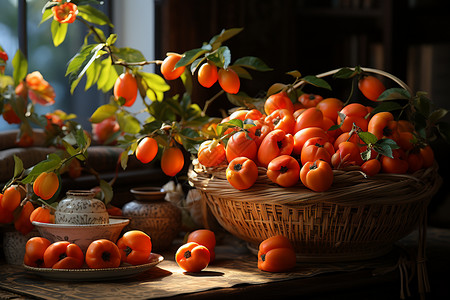 篮子中的柿子水果图片