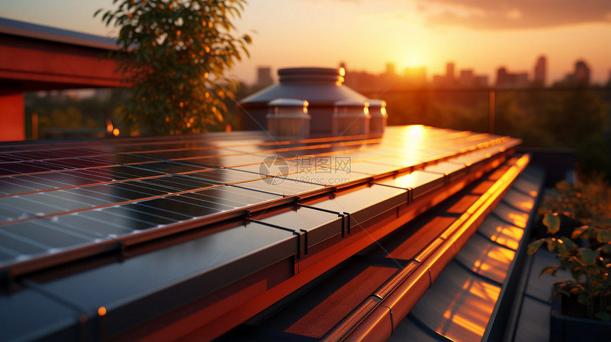 夕阳下屋顶上的太阳能面板图片