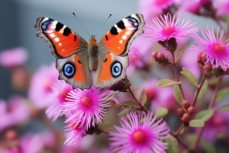 翩翩起舞的蝴蝶花园中的蝴蝶与紫色花朵背景