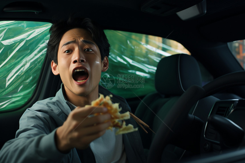 驾车吃饭的年轻人图片