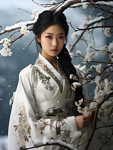 雪是树上花朵冬季的女孩肖像背景