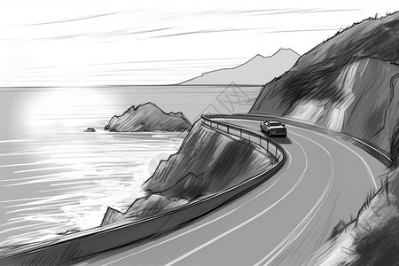 公路上的跑车海岸公路上一辆小轿车插画