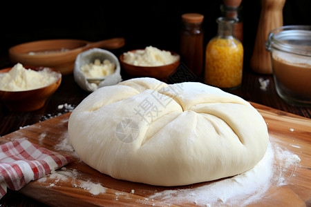 面包发酵一块木制切菜板上放着的面团背景