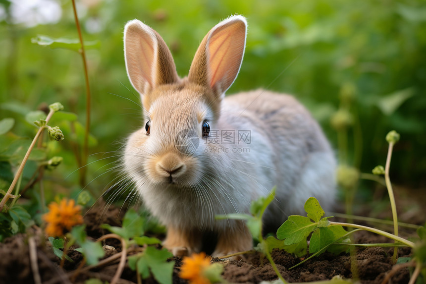 美丽的灰兔子在草地中坐着图片