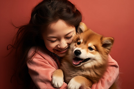 抱着可爱小狗的女孩背景图片