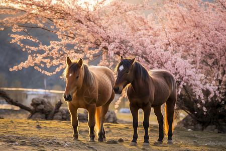 桃花树林中的马儿图片