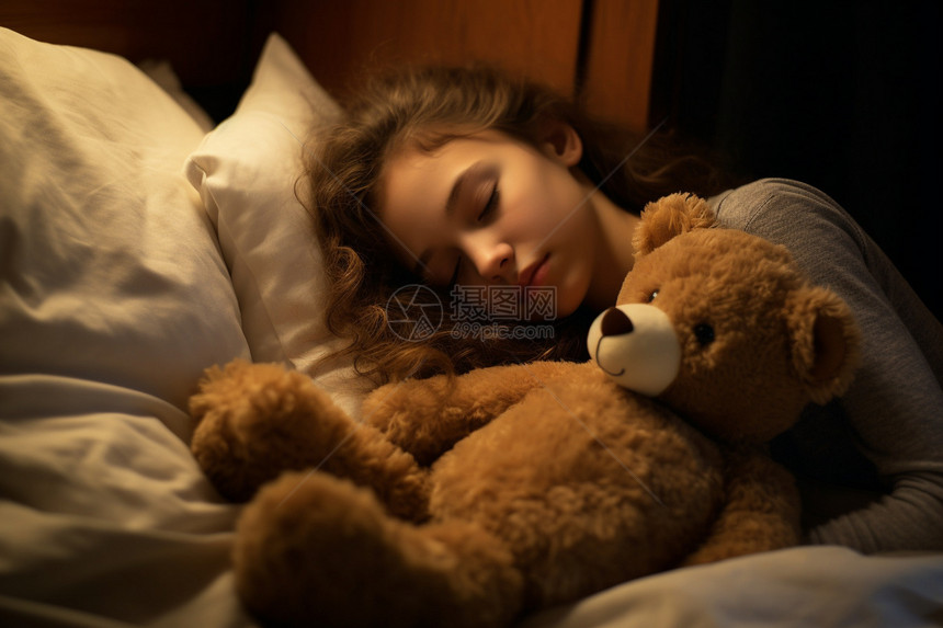 抱着熊睡觉的女人图片