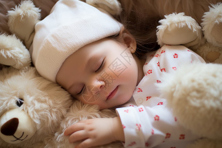 一个玩具熊熟睡的小女孩背景