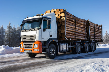 冬季里满载的木材车高清图片