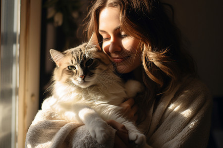 窗边拥抱猫咪的女人背景图片