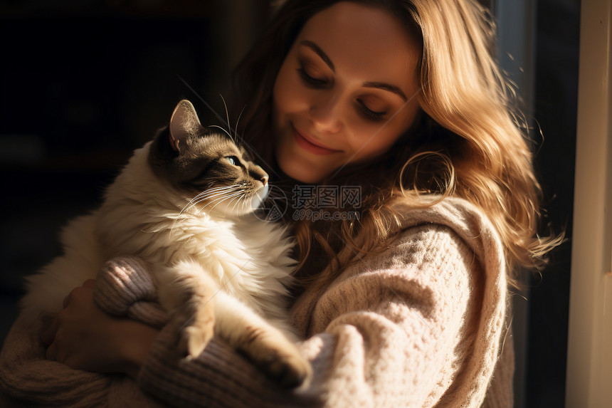 拥抱猫咪的女人图片