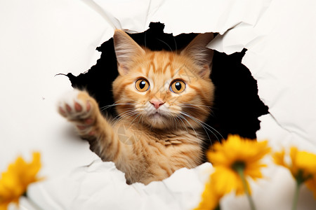 可爱墙纸墙洞口的猫咪设计图片