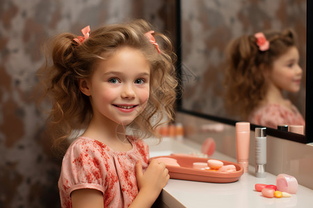 小女孩与梳妆台小女孩在镜子前化妆背景