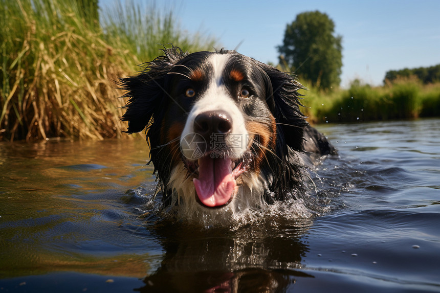宠物狗在河里游泳图片