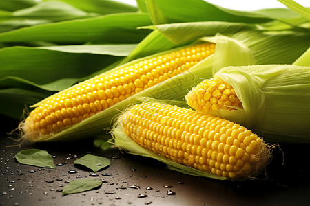 生炝蔬菜一张水珠滴在绿叶上的玉米玉米棒特写背景