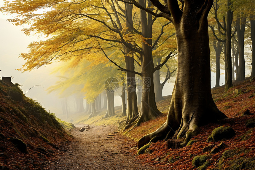 迷雾笼罩的秋季森林景观图片