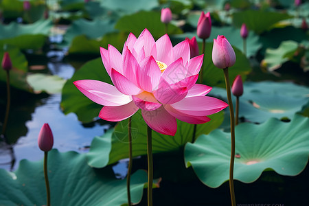池塘中盛开的莲花背景图片