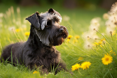 夏季户外草地上的雪纳瑞狗狗图片