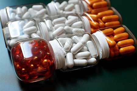 一堆药片与药瓶在桌子上图片