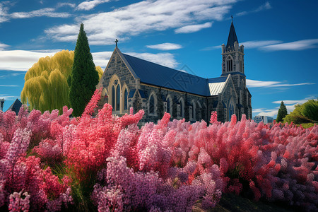 田园牧歌紫色花谷中的教堂图片